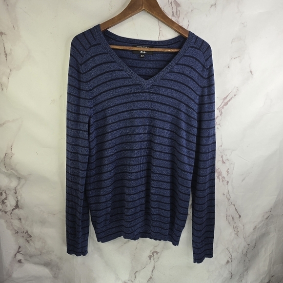 Banana Republic Sweater Men Medium Blue Merino Wool Striped V Neck Navy Baruffa - Picture 1 of 11